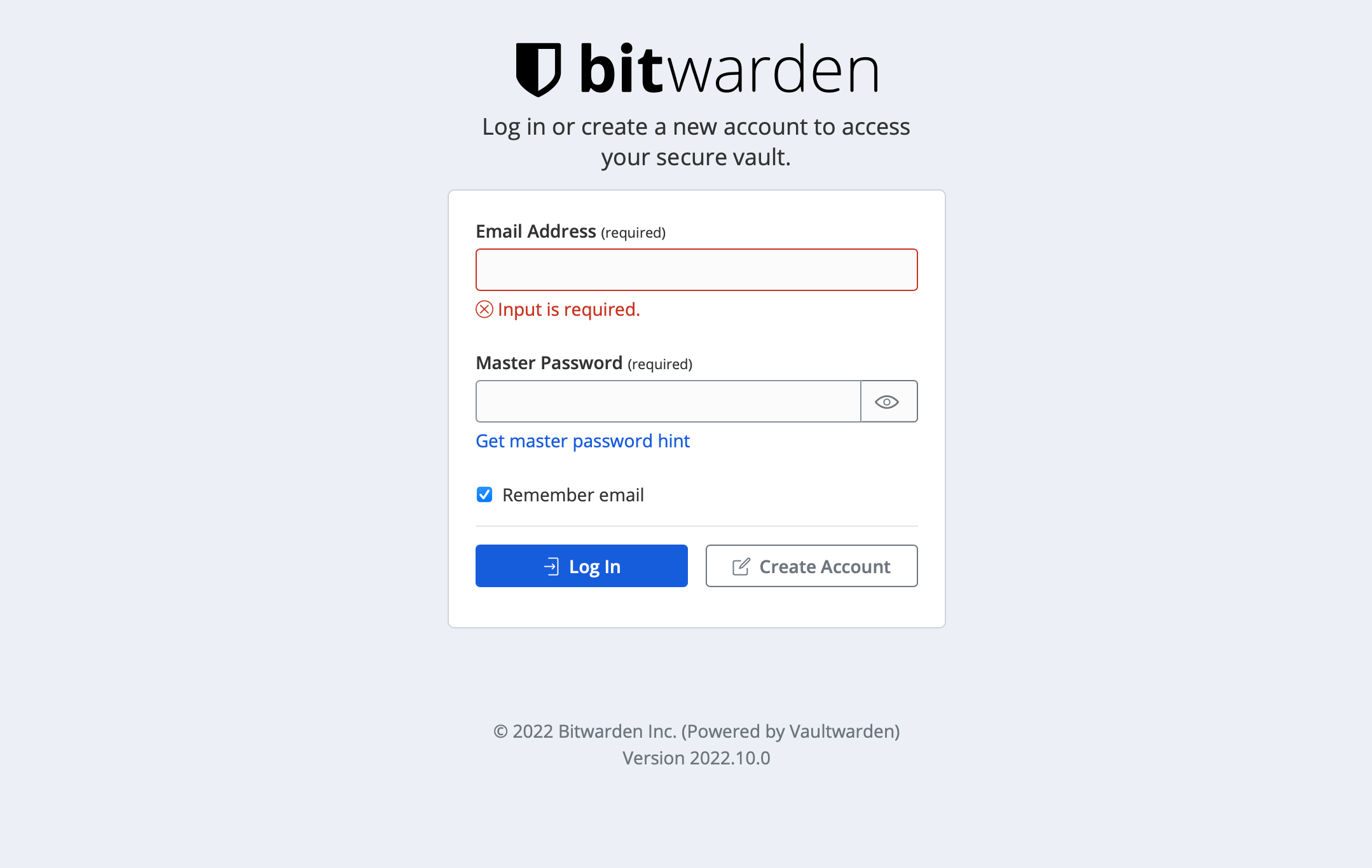 vaultwarden login screen