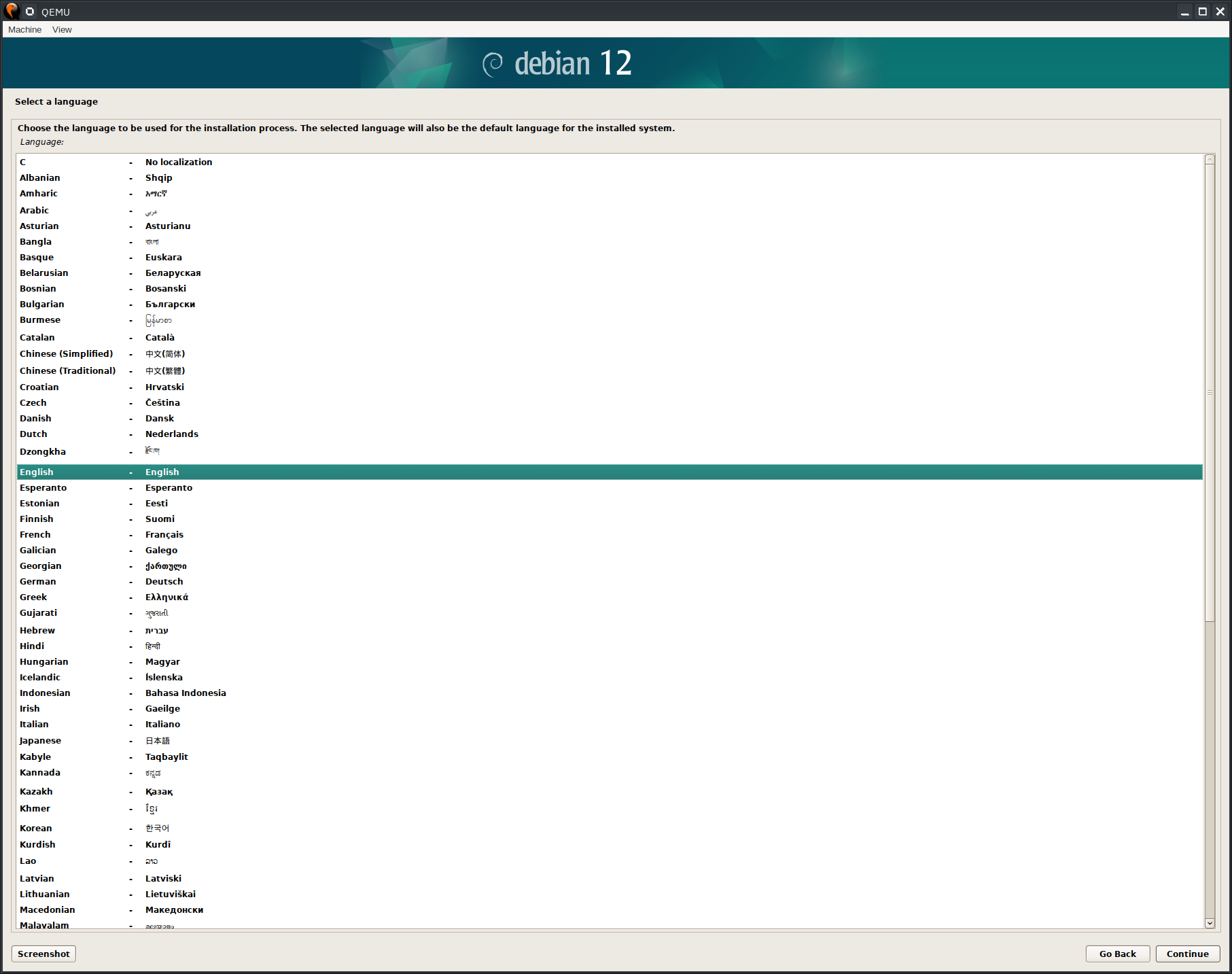 Debian 12 installer, language selection
