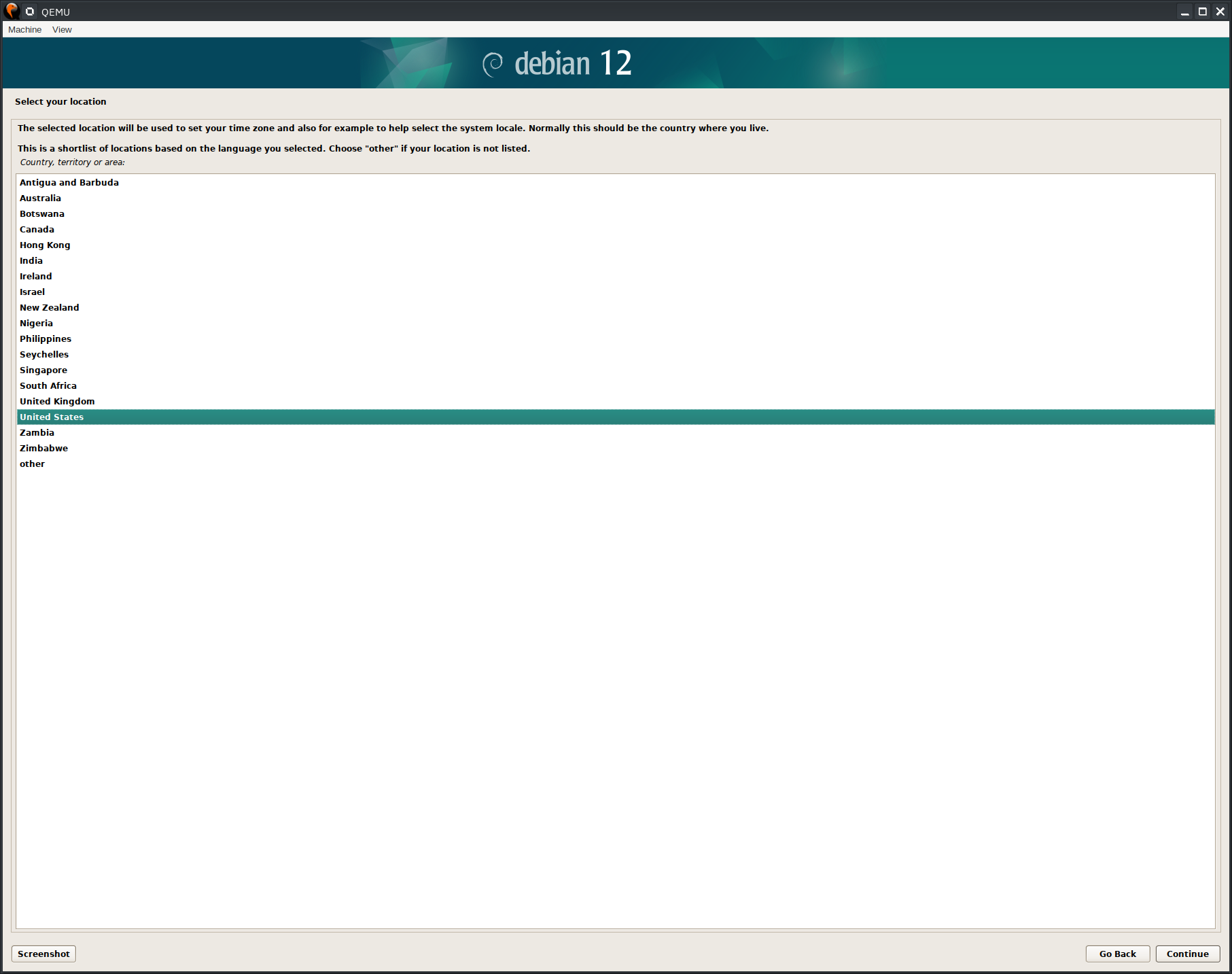 Debian 12 installer, location selection