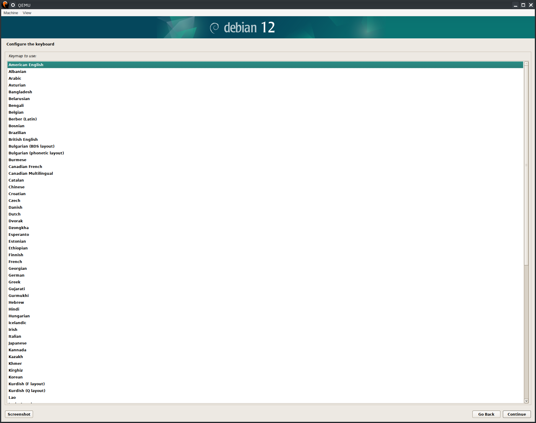 Debian 12 installer, keyboard selection