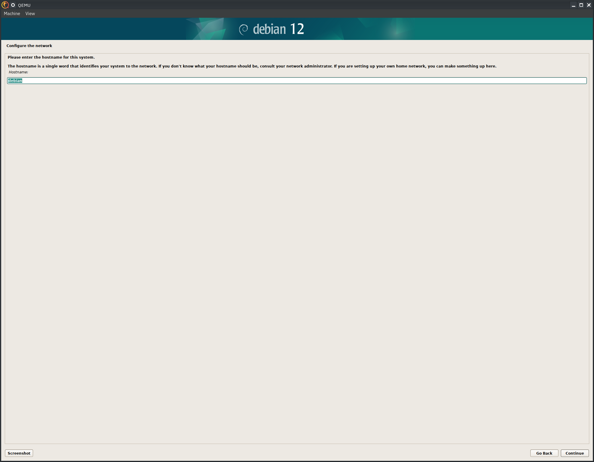 Debian 12 installer, hostname setting