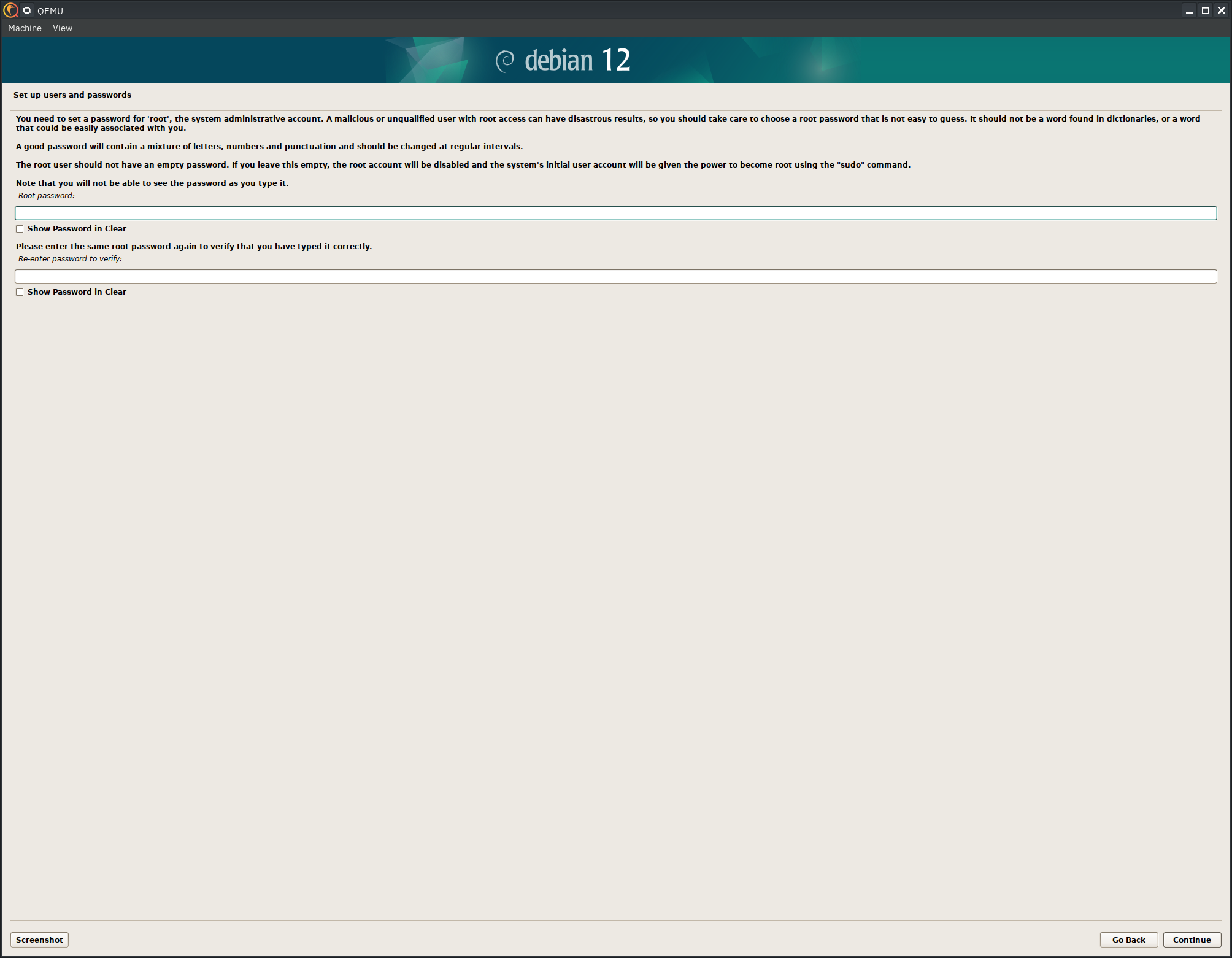 Debian 12 installer, root password