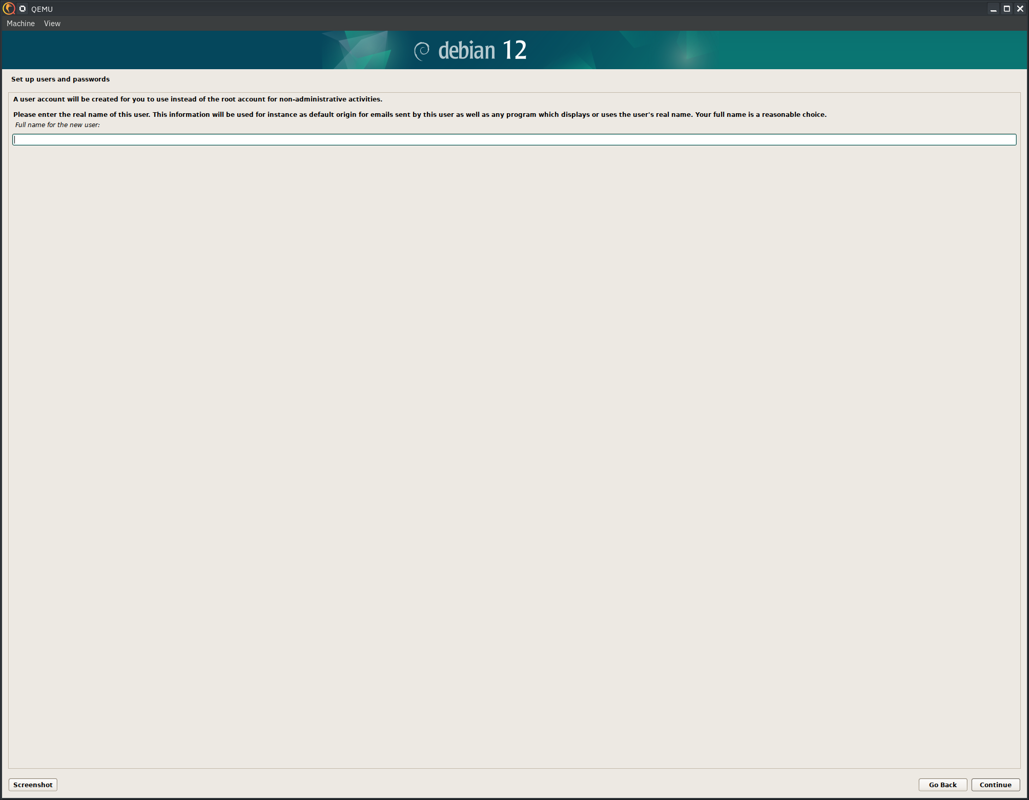Debian 12 installer, new username
