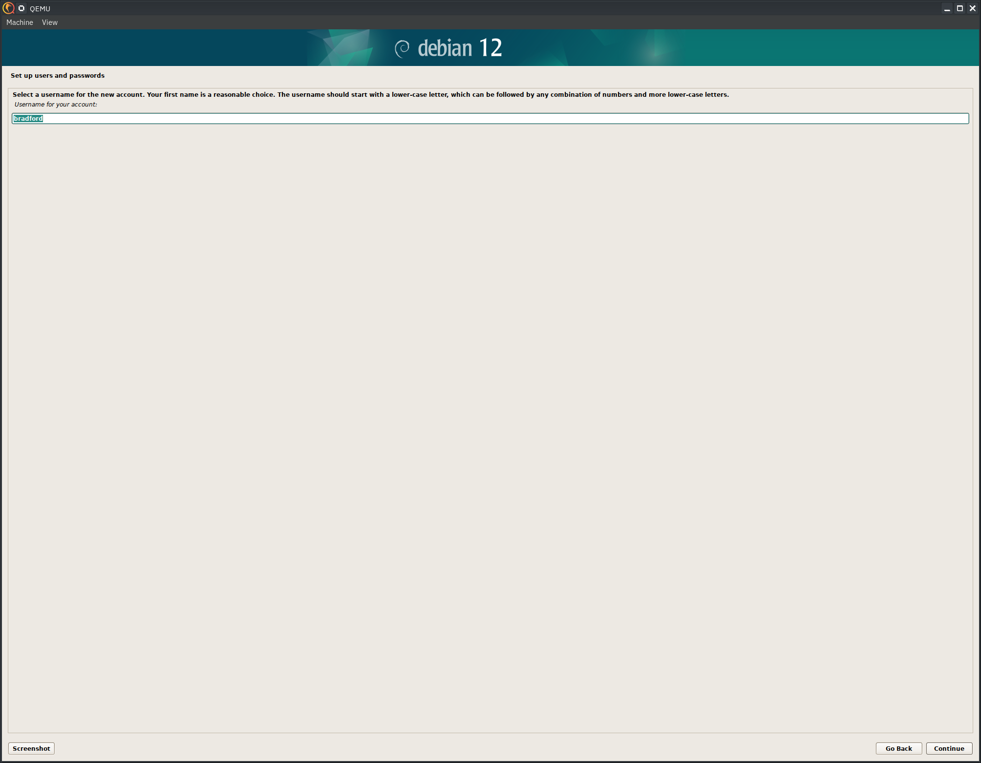 Debian 12 installer, new user account name