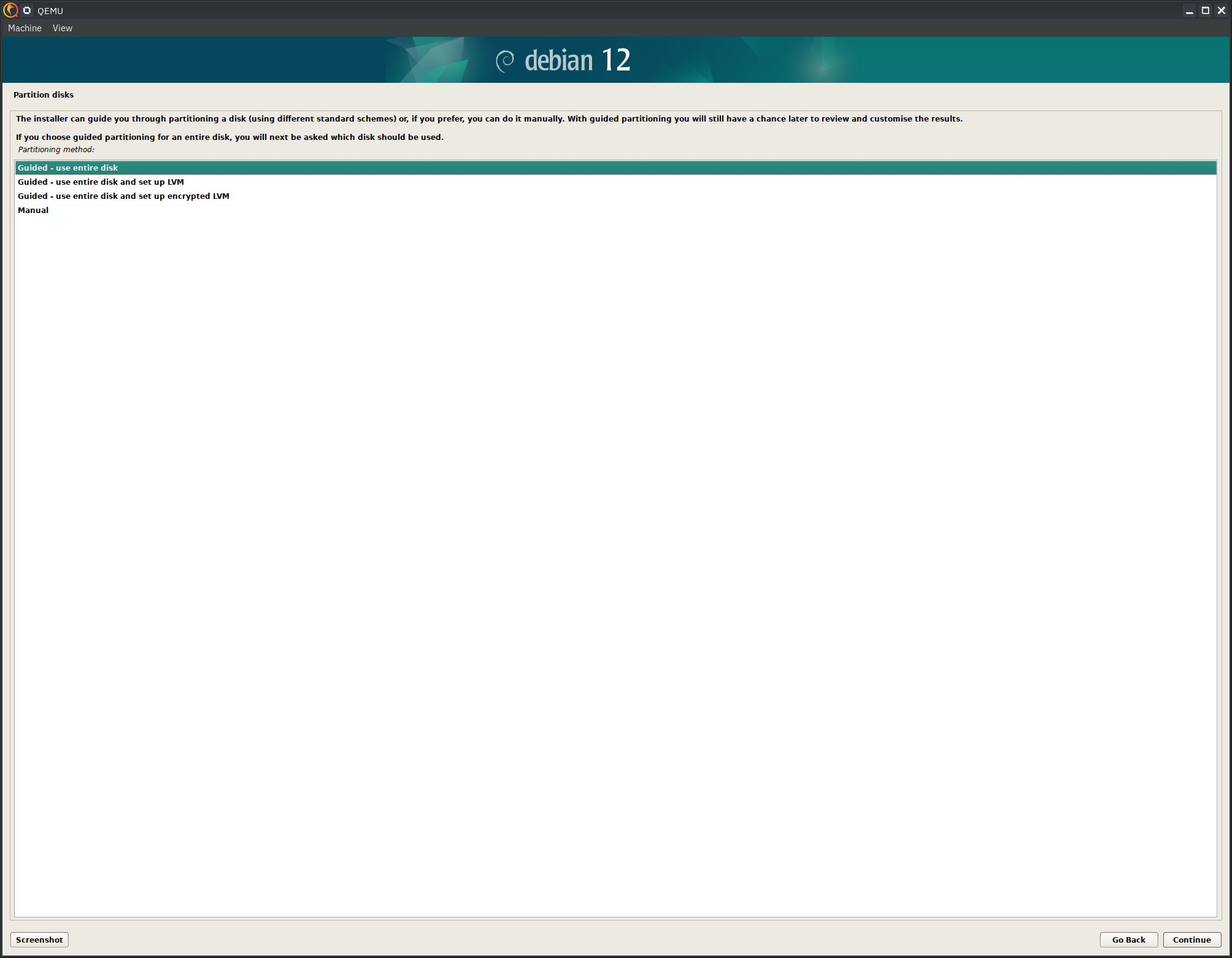 Debian 12 installer, disk setup