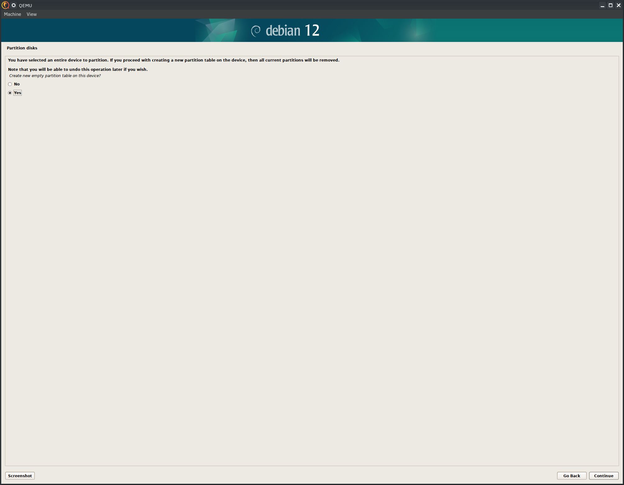 Debian 12 installer, create new partition table