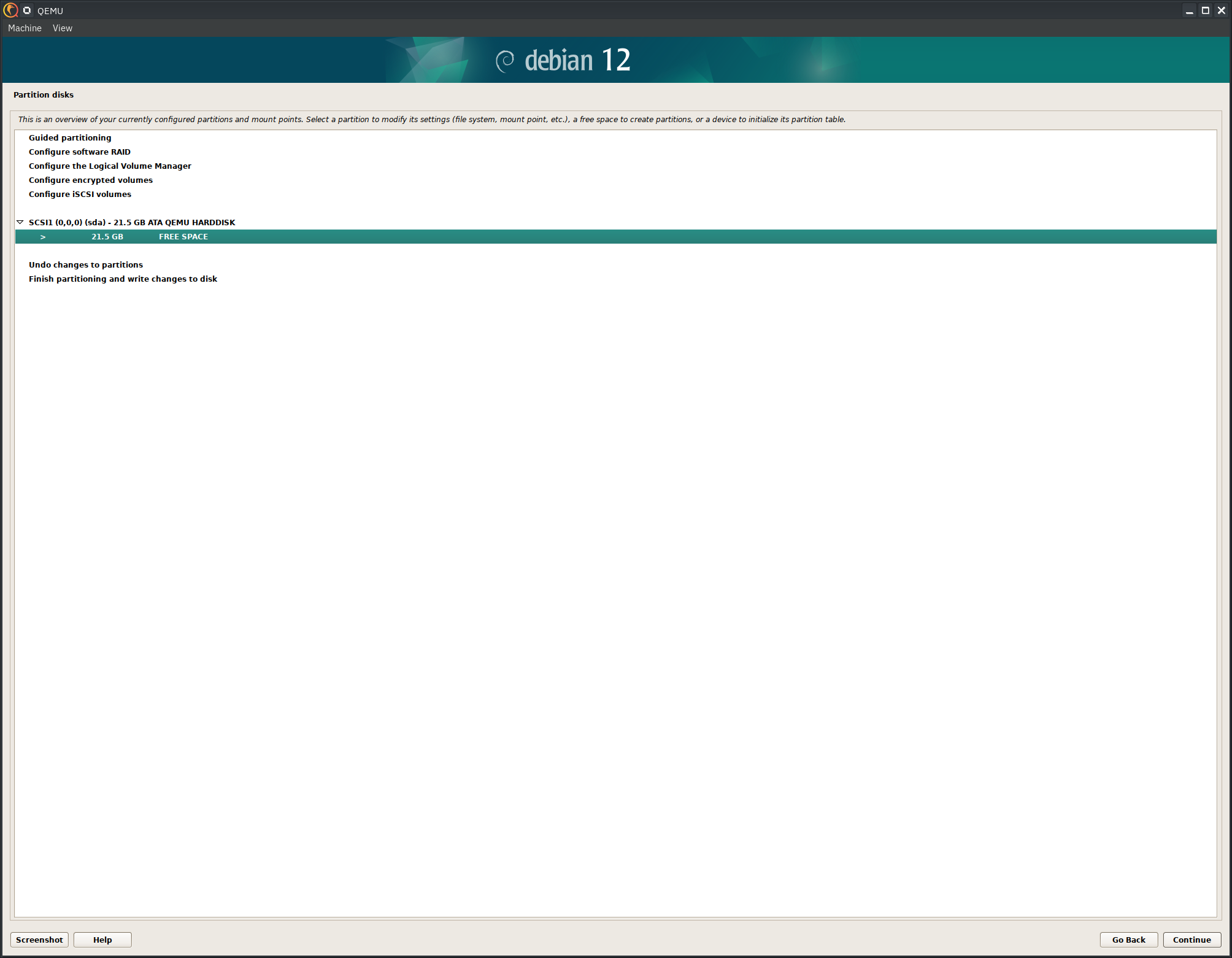 Debian 12 installer, select the free space