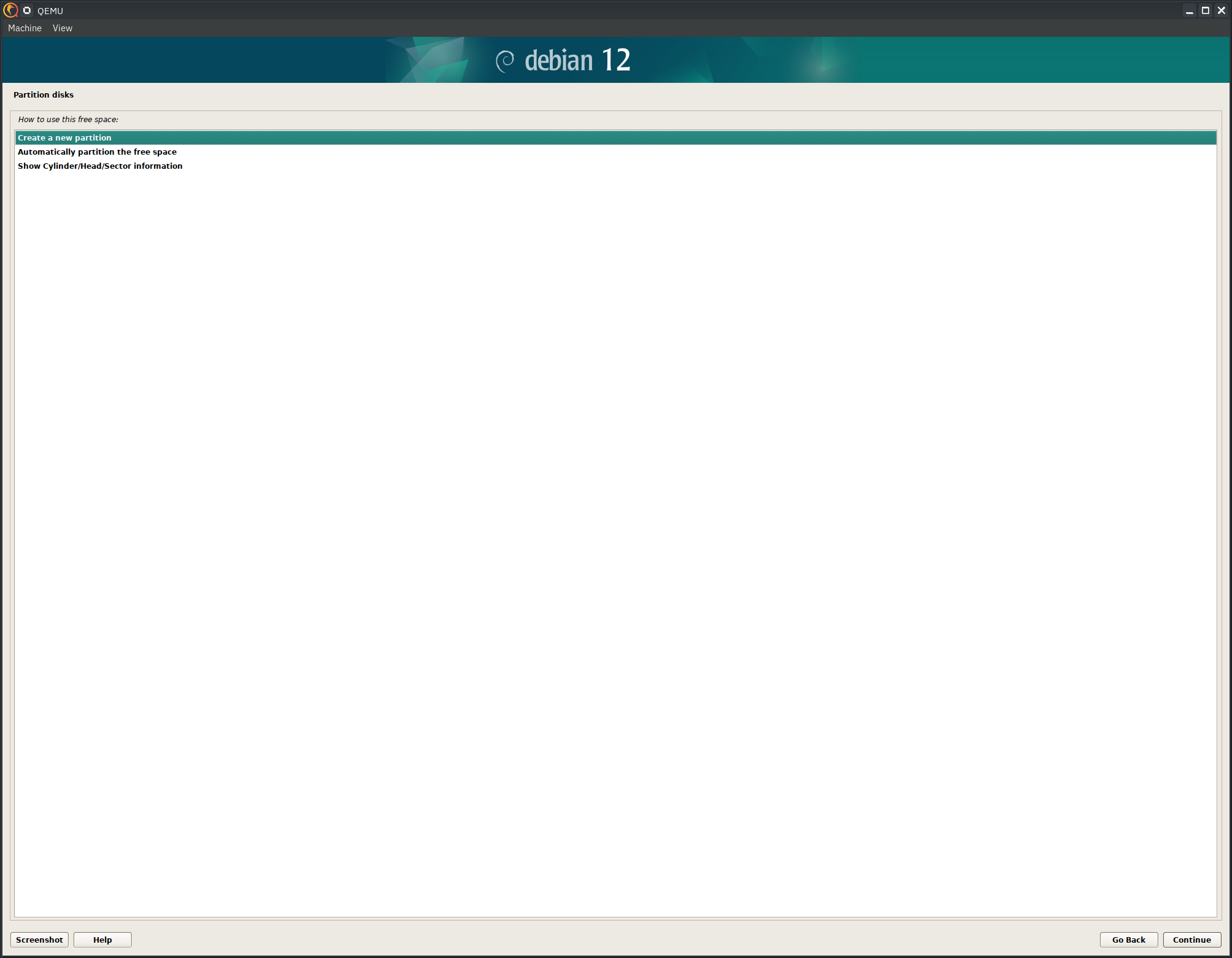 Debian 12 installer, create new partition