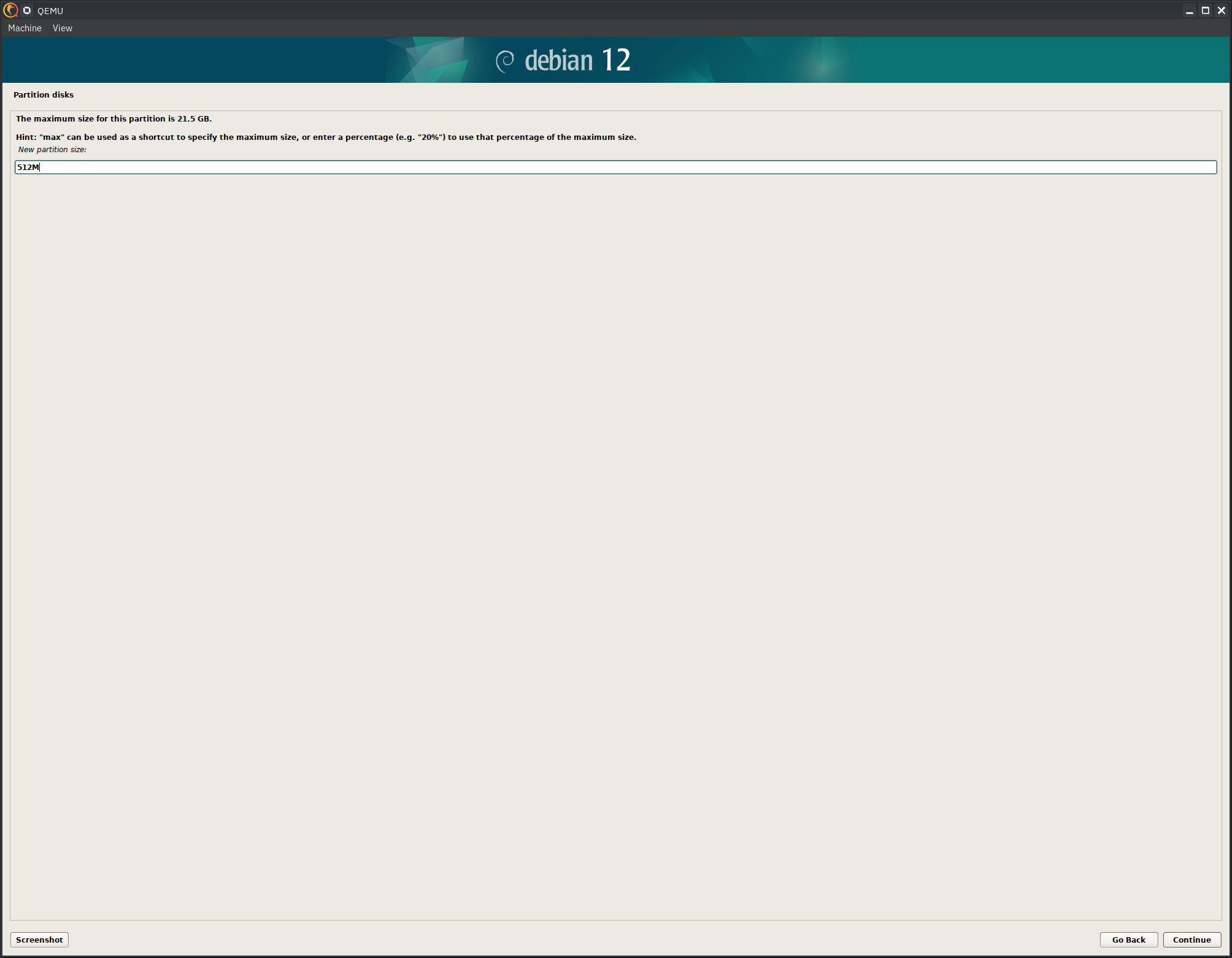 Debian 12 installer, new partition size