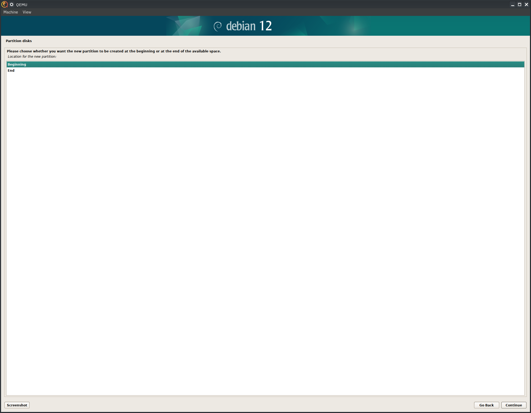 Debian 12 installer, beginning of disk