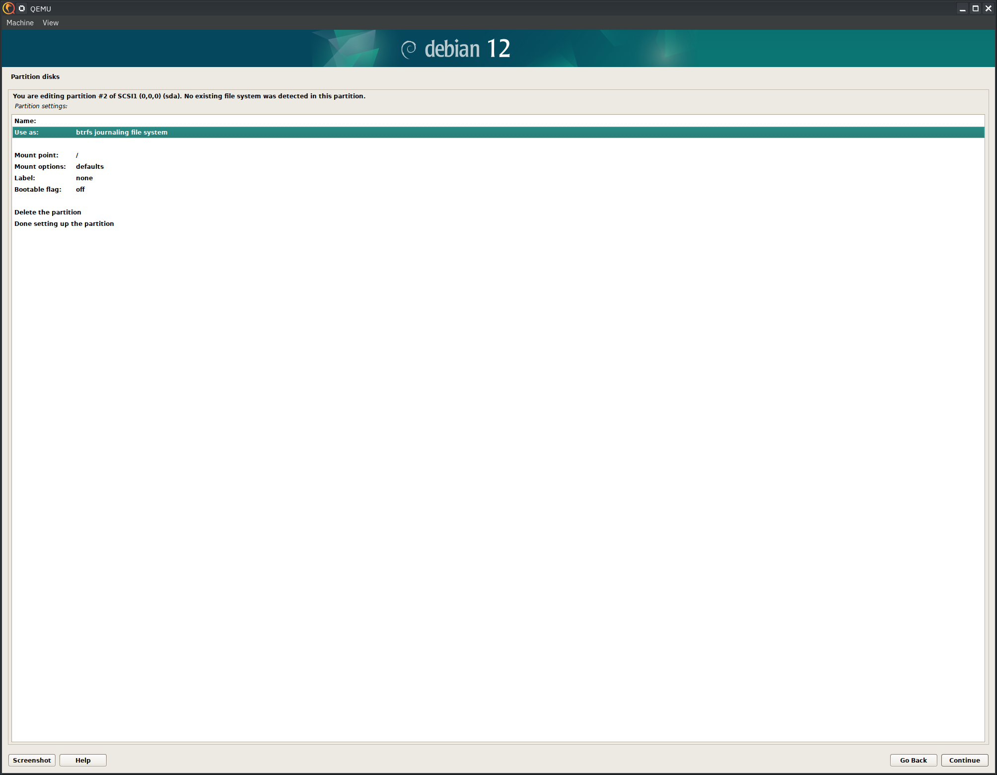 Debian 12 installer, set it to BTRFS