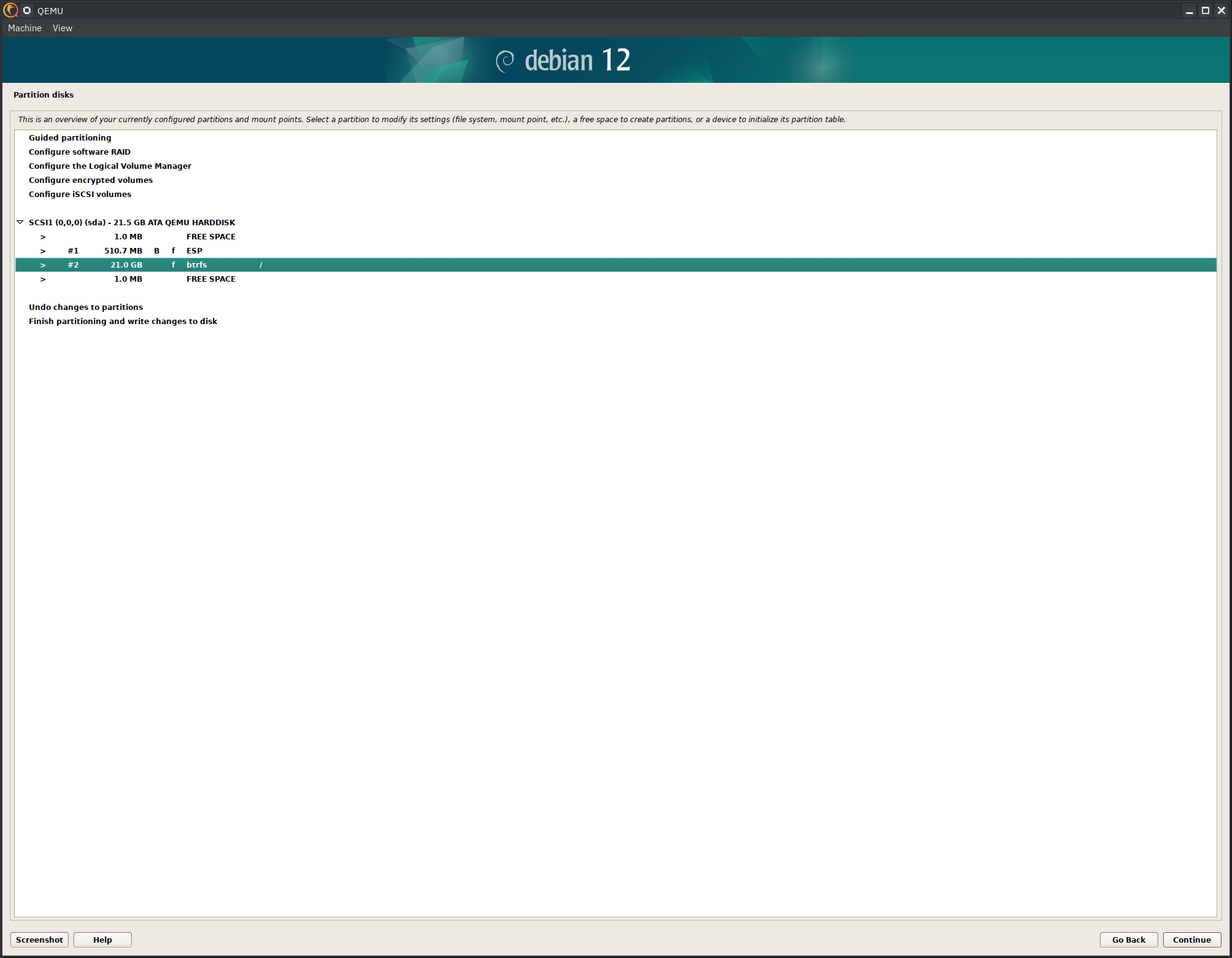 Debian 12 installer, two partitions