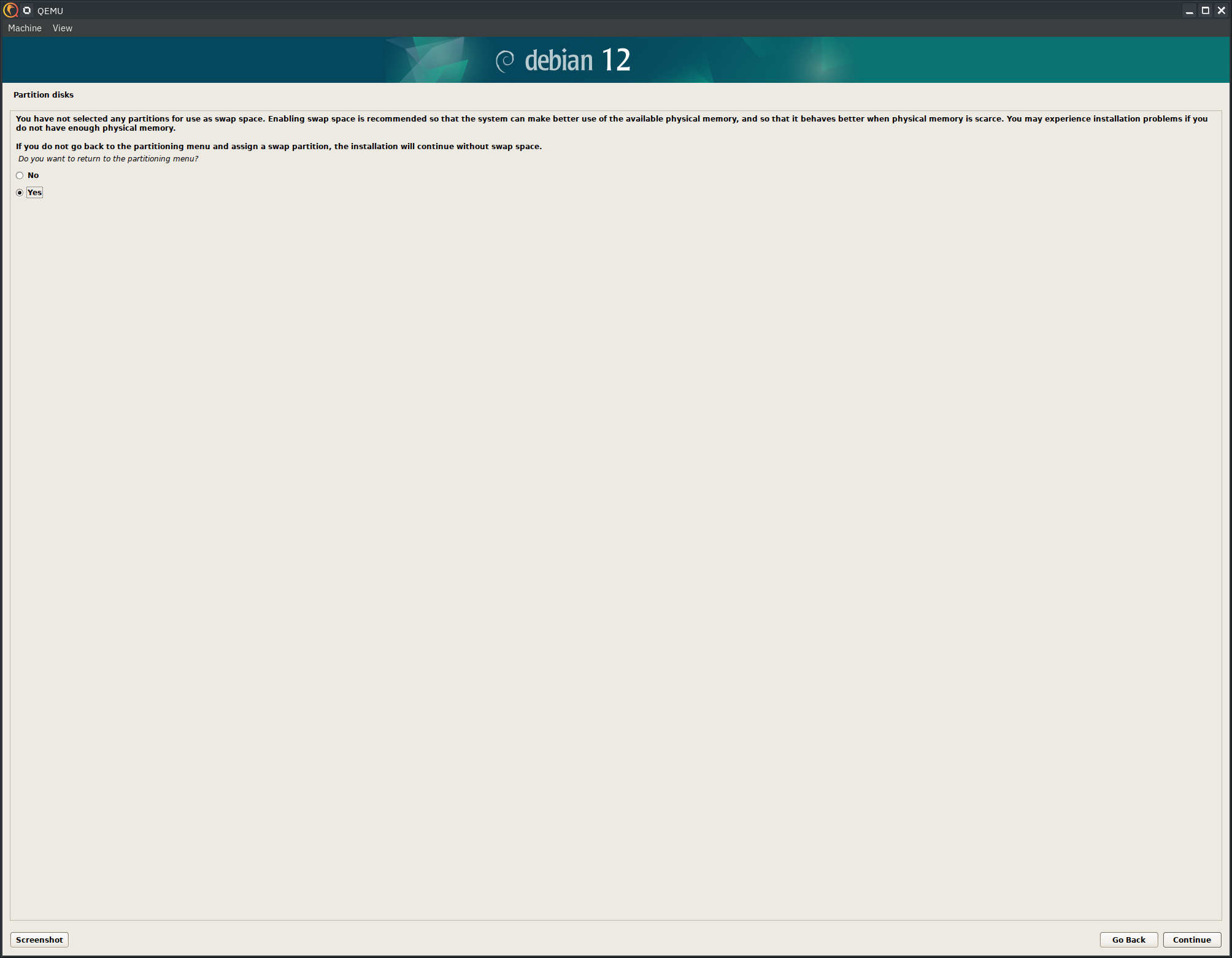 Debian 12 installer, nah we're good with no swap