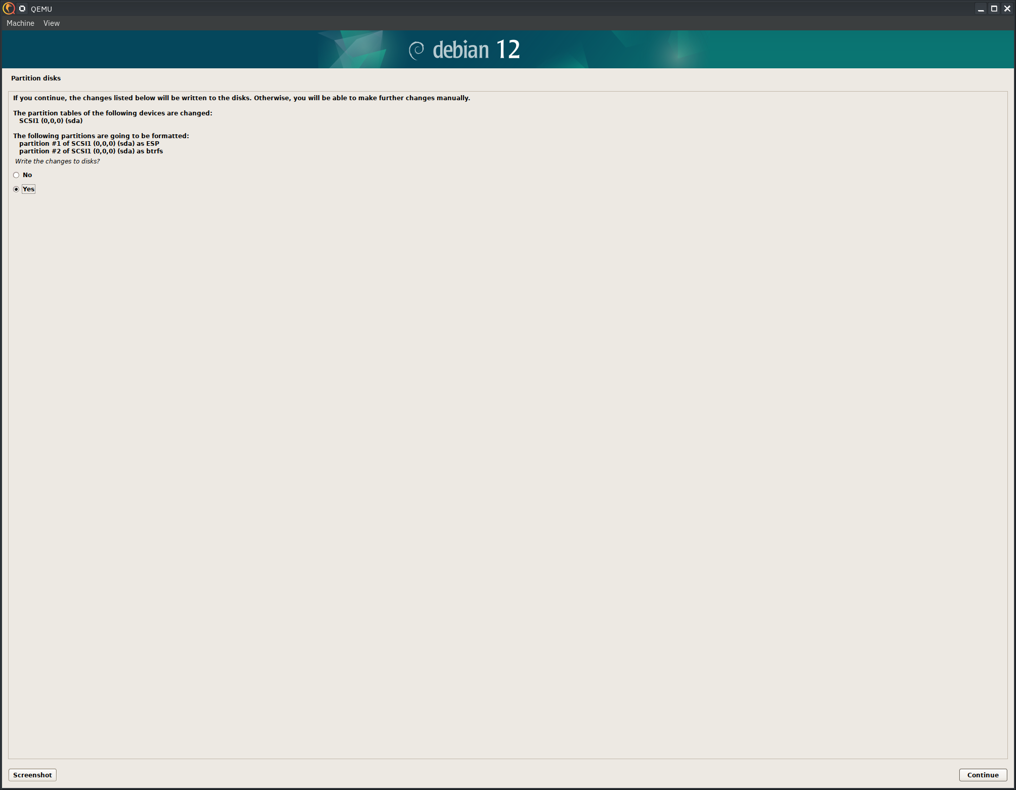 Debian 12 installer, write changes to disk