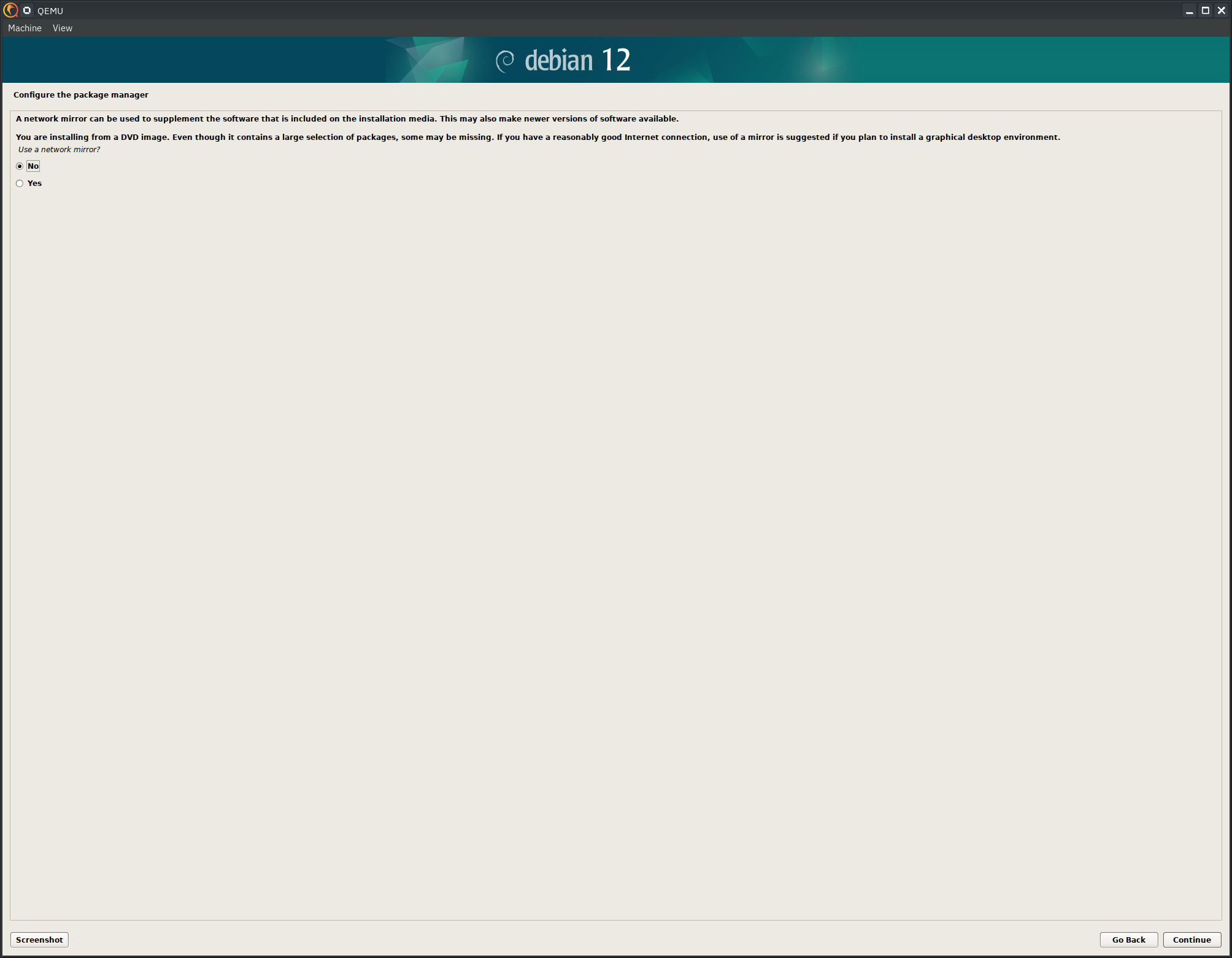 Debian 12 installer, no network mirror
