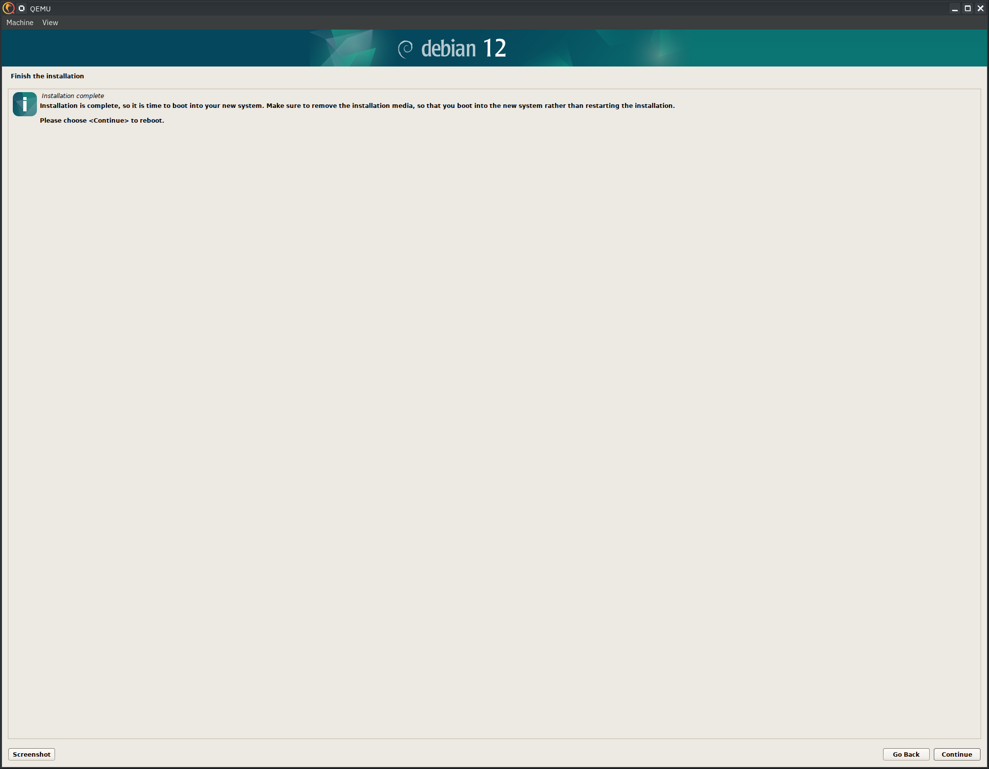 Debian 12 installer, all done, reboot