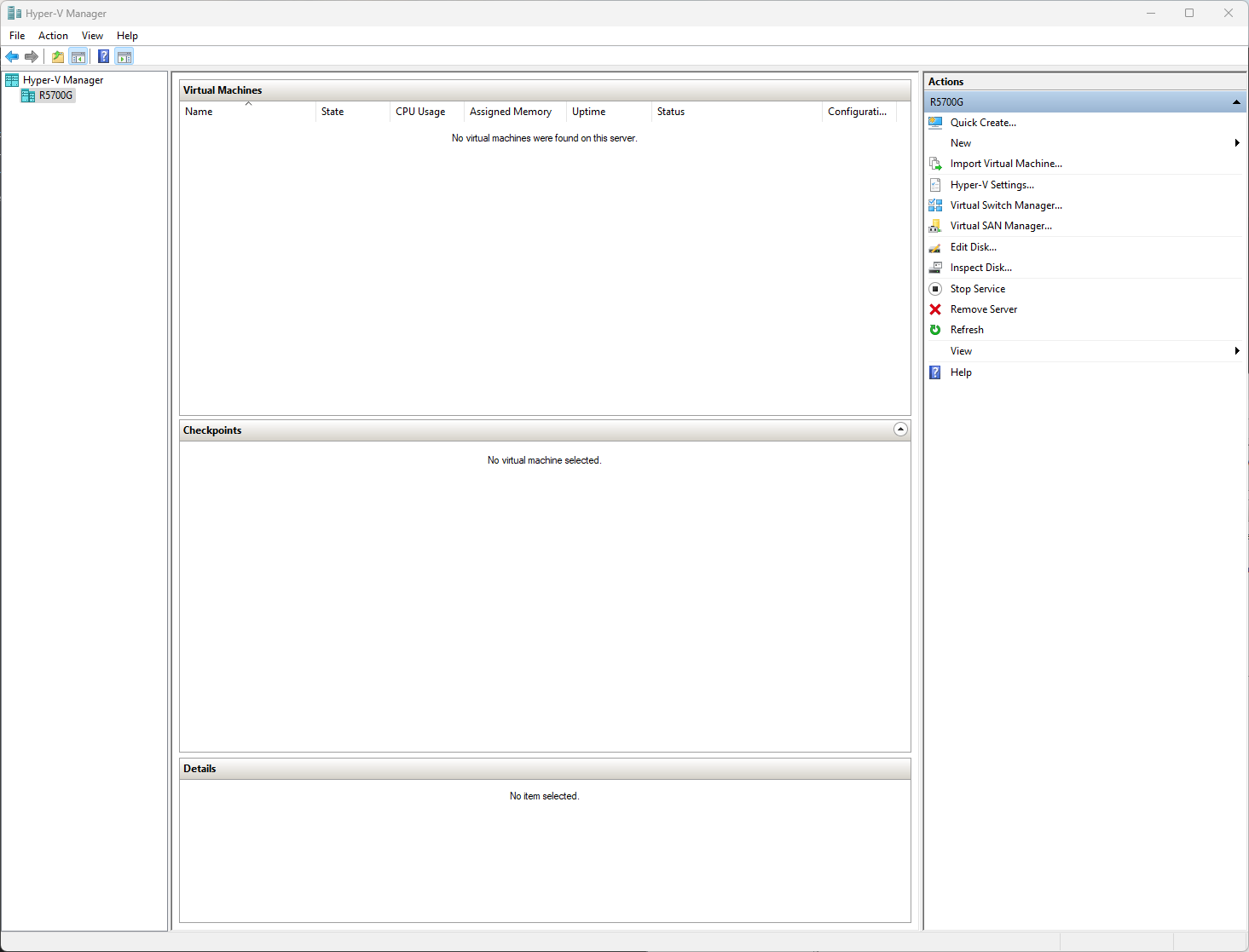 Hyper-V Manager with computer clicked