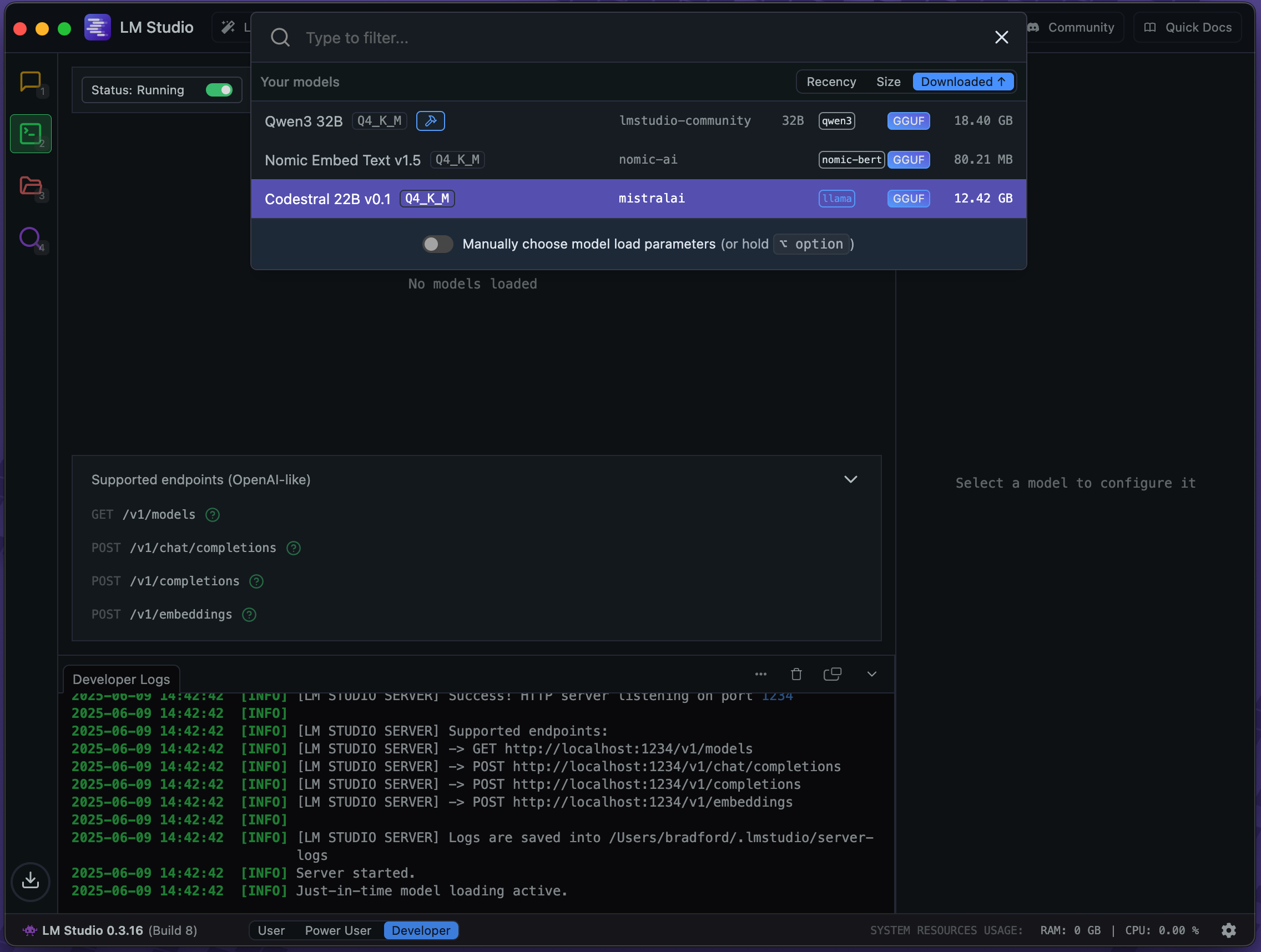 LMStudio Developer screen with model selection
